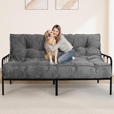 Imagem de Colchão futon de 20 cm tamanho casal 137 x 203 cm, colchão futon de chão extra grosso, tapete de dormir confortável, sofá futon de veludo dobrável para acampamento, hóspedes, dormitório, cinza claro