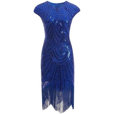 Imagem de Tassel Jazz Skirt Vestido de dança latina de lantejoulas para mulheres salão de festas de tamanho grande vestido longo tango, azul, m