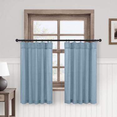 Imagem de Cortinas azuis pequenas texturizadas de linho 91,4 cm de comprimento, filtragem de luz, semitransparentes, plissadas, aba traseira, boho, cozinha, camada, cortina de janela para banheiro, 76 x 91 cm