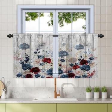Imagem de Renaiss Cortinas rústicas de 66 x 61 cm para cozinha floral, textura de linho, madeira, azul, vermelho, rosa, flor, curta, café, decoração para sala de jantar, banheiro, país, bolso para varão