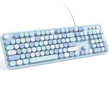 Imagem de KNOWSQT Teclado de computador com fio – Teclas redondas de tamanho completo retrô colorido azul Plug and Play, máquina de escrever lindos teclados para Windows, laptop, PC, desktop, computador