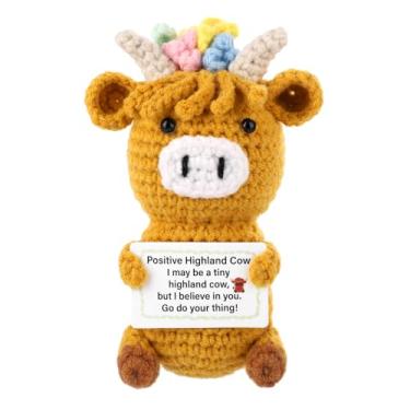 Imagem de TOYMIS Positive Highland Cow, crochê highland cow, animal emocional, vaca das terras altas, suporte inspirador, vaca de malha, boneca de pelúcia de lã para presente de incentivo, decoração de festa