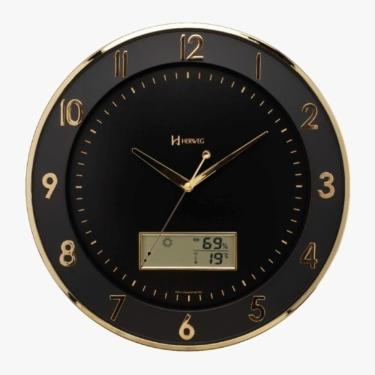 Imagem de Relógio Parede 35cm Termômetro Calendário Preto Herweg 6819
