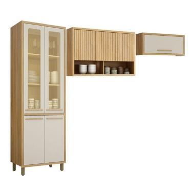 Imagem de Conjunto De Cozinha Armário Paneleiro 4 Portas Com Vidro E 2 Armários Aéreo Ripado Torino Cinamomo-off White