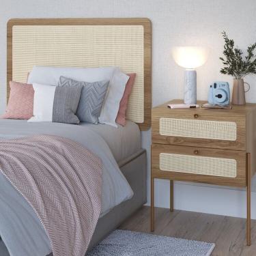 Imagem de Conjunto Cabeceira Solteiro 90cm E Mesa De Cabeceira 2 Gavetas Pé Metal Palhinha Oslo Hanover/dourado