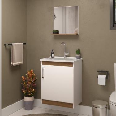 Imagem de Conjunto Para Banheiro Com Gabinete Suspenso, Espelheira E Lavatório Econômica Branco/carvalho