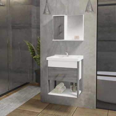 Imagem de Conjunto Gabinete Inferior E Superior Banheiro 1 Porta 1 Gaveta Rubi - Cinza Rovere - Cinza