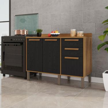 Imagem de Balcão Cozinha Flórida 120cm 3 Portas 2 Gavetas Salleto Cinamomo Com Preto