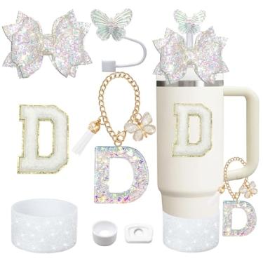 Imagem de Liangang Conjunto De 7 Acessórios Para Copos Brancos Stanley 30 Oz E 40 Oz, Incluindo Capa Protetora, Tampa Antiderramamento, Canudo Borboleta, Adesivo Com Letras, Pingentes Letras (Branco D)