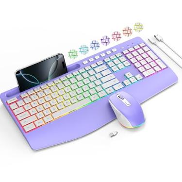Imagem de Combo de teclado e mouse sem fio - teclado recarregável VEILZOR 2,4 G com suporte de telefone, descanso de pulso ergonômico, 9 efeitos de retroiluminação RGB, conjunto de mouse silencioso para Windows