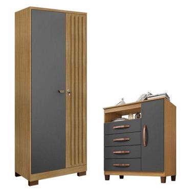 Imagem de Cômoda Sapateira Cannes Com Armário Multiuso Versatile 2 Portas Com Chave Carvalho Americano Grafite - Incorplac