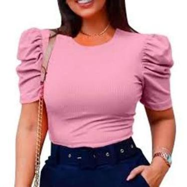 Imagem de Blusa feminina gola rasa manga curta princesa bufante malha canelada c