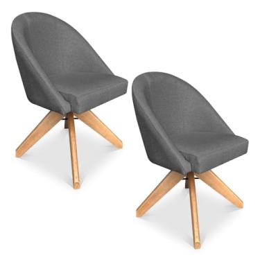 Imagem de Kit 02 Poltronas Cadeira Giratória Bela Linho Grafite Base de Madeira - Pallazio