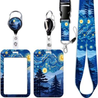 Imagem de Cordão de crachá azul com clipe retrátil para carretel de crachá, chaveiro noturno estrelado para mulheres, adolescentes, professores, adolescentes, enfermeiras para crachá de identificação, curise