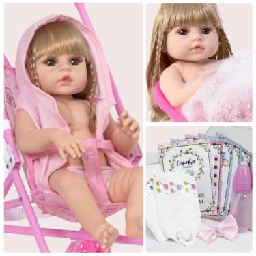 Imagem de Bebe Reborn 100% Silicone Loira Roupão + Carrinho + itens - Cegonha Re