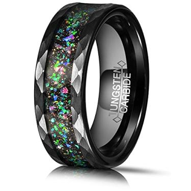 Imagem de QUEENWISH Anéis de tungstênio preto de 8 mm para homens e mulheres alianças de noivado galáxia criada opala olhos de tigre incrustados bordas chanfradas marteladas ajuste confortável tamanho 6-13, 10
