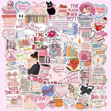 Imagem de 100 peças de adesivos de livros para Kindle, pacote de adesivos para iPad, laptop, leitores de e-books fofos adesivos de vinil Booktok garrafa de água meninas holográfico à prova d'água romance