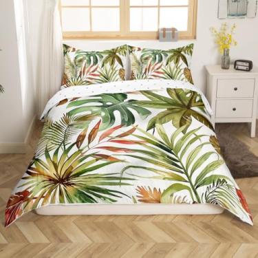 Imagem de jejeloiu Jogo de cama solteiro com folhas tropicais botânicas de folhas tropicais de folhas de palmeira para meninos e adolescentes, plantas verdes, tema de natureza de verão, capa de edredom (sem