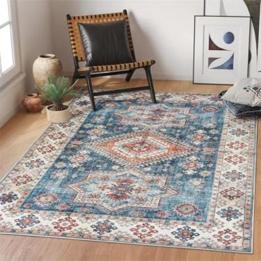 Imagem de ESSMOKO Tapetes tapete étnico retro para quarto, tapete de cobertura completa, tapete floral para sala de estar, resistente à sujidade e fácil de cuidar, azul-marinho, 90 x 150 cm