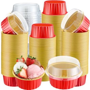 Imagem de Gejoy 400 peças de copos de alumínio para assar, com tampas, 142 g, ramequins descartáveis, mini formas de bolo, creme brulee, forros de cupcake, latas de muffin, molde de pudim, recipiente de