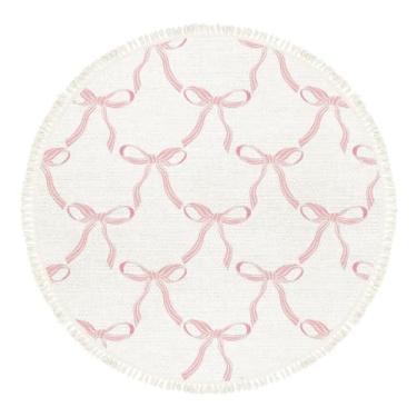 Imagem de DNEWYNPABV Tapete de arco rosa, redondo, 1,2 m, padrão coquete, sem costura, laço de fita rosa, branco, boho, lavável, corredor, tapete para quarto, berçário