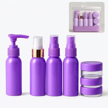 Imagem de Kit Organizador de Viagem – 4 Frascos de 60 ml + 3 Potes de 10 ml – Para Shampoo, Condicionador, Perfume, Creme e Sabonete – Plásticos Reutilizáveis e Dispensers Livres de Vazamento (Roxo)