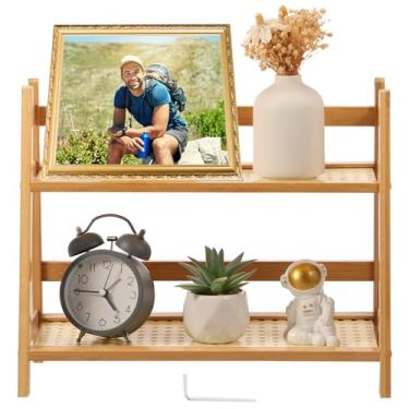 Imagem de Organizador de estação de café de bambu com aparência de vime de 2 camadas, suporte de armazenamento de condimentos para cozinha, escritório em casa (40 cm, cor de tronco)