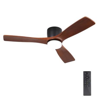 Imagem de WINGBO Ventilador de teto CC de montagem embutida - perfil baixo de 122 cm, luz regulável 3CCT, 3 lâminas de madeira esculpida, motor CC reversível silencioso de 6 velocidades, acabamento preto fosco