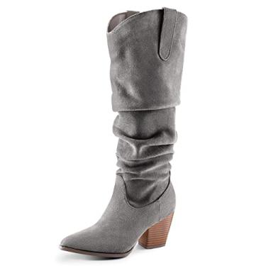 Imagem de mysoft Botas femininas caubói até o joelho, bico fino, salto grosso, sem fecho, com zíper, Cinza, 37