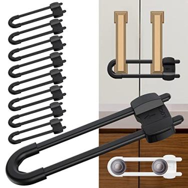 Imagem de LRANFOW Fechaduras de armário à prova de bebê em forma de U, sem necessidade de perfuração, travas de segurança ajustáveis para crianças para armários, gavetas, portas de cozinha, pacote com 10, preto