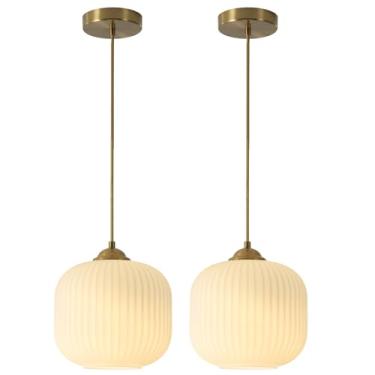 Imagem de Flyrose Luzes pendentes de vidro de leite dourado escovado, ilha de cozinha, meados do século, moderno, pingente branco, luminária suspensa para sala de jantar, sala de estar (pacote com 2)