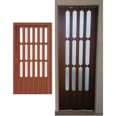 Imagem de Porta Coertina Porta Dobrável De Pvc Marrom Com Janelas De Acrílico, Porta Deslizante Interior Para Quarto De Porta De Armário, Despensa De Corredor Portã, One Color, 47x80in (119.5x203cm)