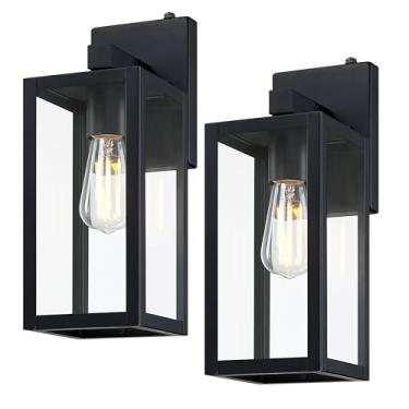 Imagem de GRUENLICH Lanterna de parede externa grande crepúsculo ao amanhecer, arandela de parede como luminária de varanda, base E26 máx. 60W, caixa de metal com sombra de vidro (preto, pacote com 2)