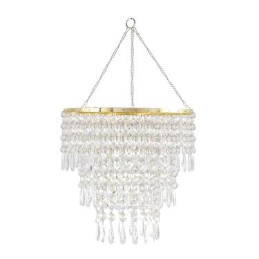 Imagem de FlavorThings Lustre com contas de acrílico de cristal falso de 3 camadas com moldura dourada, L 10,5 A 28 cm, abajur pendente de teto com gotas de joia de acrílico transparente (ouro, sem kit de