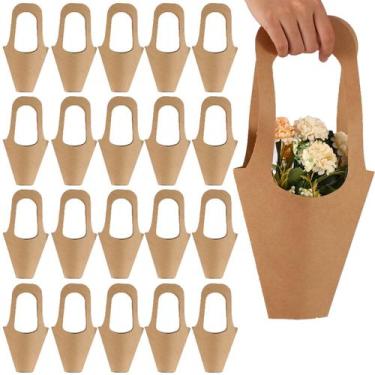 Imagem de Sacos de presente Tergy Kraft Paper Flowers Brown, 20 pacotes de 35 cm