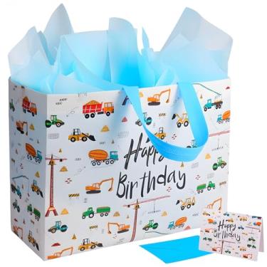 Imagem de GFInYHM Bolsa extra grande de presente de feliz aniversário de 41 cm com papel de seda e cartões comemorativos, sacos reutilizáveis à prova d'água para veículos de construção, não tecidos, com alças