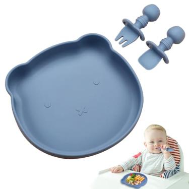 Imagem de Conjunto 3 em 1 de Prato Antiderrapante para Bebê com Silicone Grau Alimentício - 1 Prato + 1 Colher + 1 Garfo Antitóxico e Higiênico (azul)