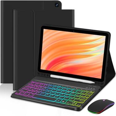 Imagem de EAMPANG Capa com teclado e mouse para Amazon Kindle Fire HD 10 e 10 Plus 11/13ª geração 25.7 cm, capa magnética destacável retroiluminada arco-íris 7 cores com slot para caneta para HD 10 2021 e 2023