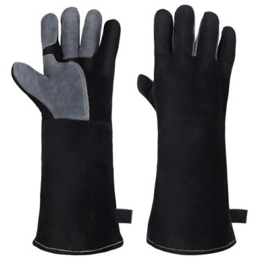 Imagem de AUAUY Luvas resistentes ao calor e ao fogo, luvas grandes de couro para churrasco, luvas de soldagem com costura Kevlar, luvas protetoras resistentes ao desgaste para moer, assar, forno, lareira