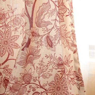 Imagem de ISAENNE Cortinas ocidentais semi blackout de linho vintage com ilhós, cortina de decoração de casa de campo floral vermelha para sala de estar, quarto, cozinha, janela, 2 painéis de 165 cm de largura