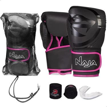 Imagem de 2X Kit Luva Muay Thai Boxe Naja Black Line Com Bucal E Banda