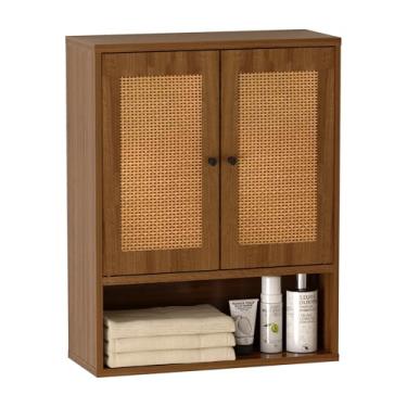 Imagem de Armário de parede, armário de vime boho chique armário de remédios para banheiro, armazenamento sobre o vaso sanitário, suporte de parede com porta dupla para cozinha, sala de jantar, sala de estar 48