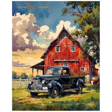 Imagem de Kit de pintura de fazenda por números para adultos - DIY vintage vermelho e pintura de caminhão preto em tela, conjunto de tinta acrílica, adequado para iniciantes, arte para decoração de casa ou