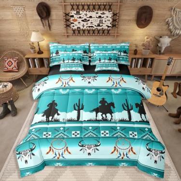 Imagem de Erosebridal Jogo de cama boêmio com estampa de caveira, estilo caubói, pescador de sonhos, estilo caubói e cavalo ocidental, para crianças, adolescentes e adultos, verde-azulado