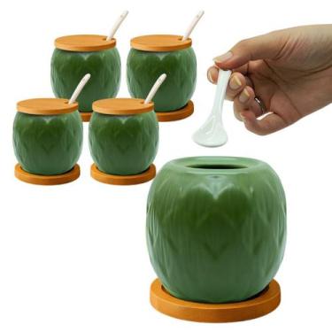 Imagem de Kit 4 Açucareiro Saleiro De Cerâmica Com Tampa De Bambu E Colher 350ml