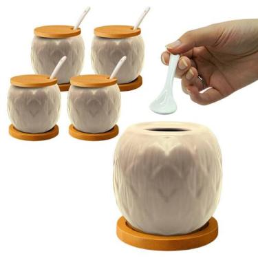 Imagem de Kit 4 Açucareiro Saleiro De Cerâmica Com Tampa De Bambu E Colher 350ml