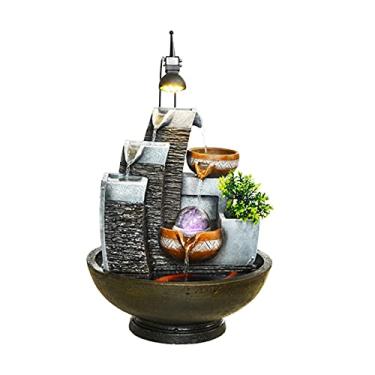 Imagem de Fonte de mesa Fonte de água de mesa com luzes pedras empilhadas característica cascata interior silencioso e relaxante som de água decoração de casa para quarto fontes de mesa (cor: dourado) (cinza)