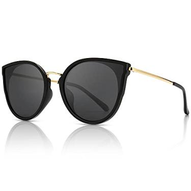 Imagem de SUNGAIT Óculos de sol feminino estilo olho de gato polarizado vintage UV400, Moldura preta com acabamento brilhante/lente cinza