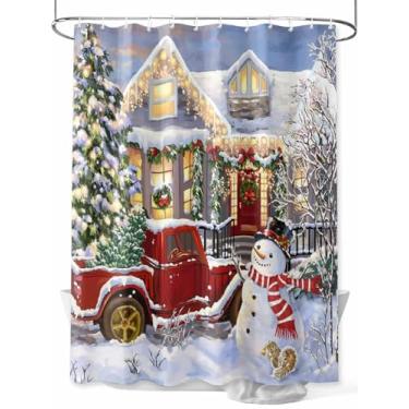 Imagem de Cortina de chuveiro de carro de Natal vermelha, conjunto de cortinas de chuveiro de banheiro de tecido lavável de inverno branco de inverno para decoração de banheiro, 91 x 182 cm de comprimento