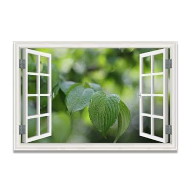 Imagem de LKXGRRSFG Water On The LeavesImpressão artística em tela de ilusão de janela falsa, arte de parede com vista panorâmica real para sala de estar 60 x 75 cm sem moldura